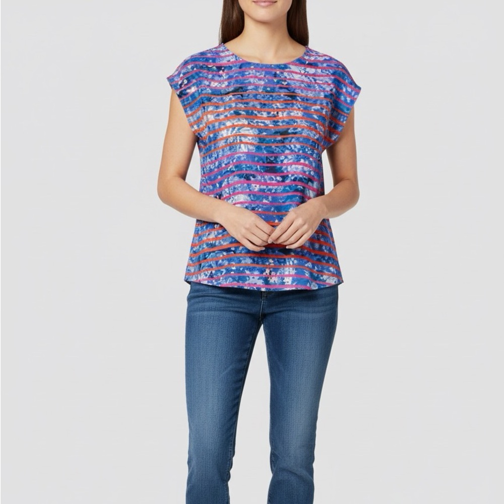 Banana Republic Floral Blue Pink/Orange Striped Cap Sleeve Blouse Size S.